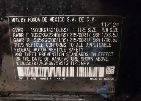 2025 Honda Hr-V Awd Lx from USA, damaged, VIN 3CZRZ2H36SM759513